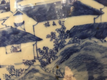 A large Chinese blue and white fish bowl with a view of Canton, 19th C.