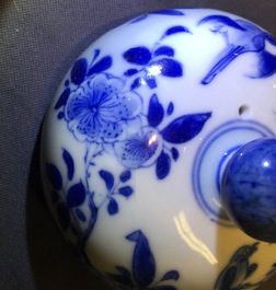 A large Chinese blue and white teapot and cover with peacocks, Kangxi