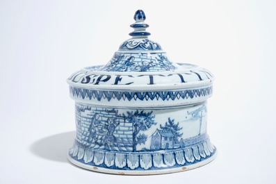 A Dutch Delft blue and white tobacco box and cover with tamper, dated 1763