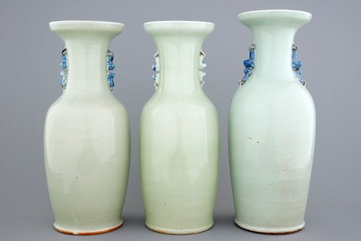 Three tall Chinese blue and white on celadon ground vases, 19th C.
