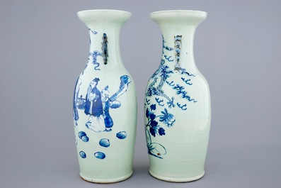 Two Chinese vases with blue and white design on celadon ground, 19th C.