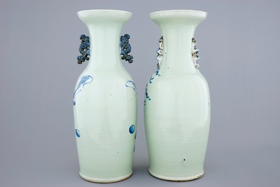 Two Chinese vases with blue and white design on celadon ground, 19th C.