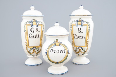 Three polychrome pharmacy jars with covers, Haguenau, France, 18th C.