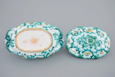 A Brussels faience tureen and cover with butterflies and caterpillars, 18th C.