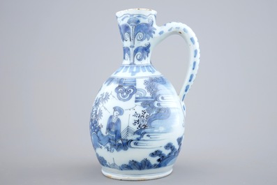 A Dutch Delft blue and white chinoiserie jug, late 17th C.