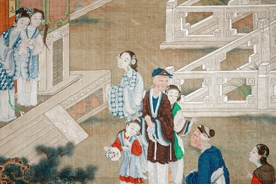 A framed Chinese silk painting of a court scene, 18/19th C.