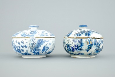 Two Dutch Delft blue and white spiced wine bowls and covers, late 17th C.