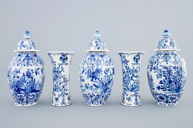 A blue and white five-piece garniture in Dutch Delft style, Samson, Paris, 19th C.