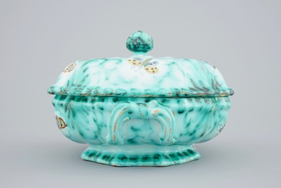 A Brussels faience tureen and cover on stand with butterflies and caterpillars, 18th C.