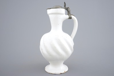 A white Dutch Delft pewter-mounted gadrooned jug, 17/18th C.