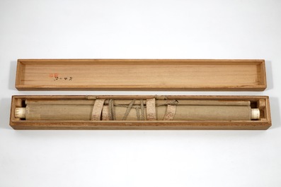 A large Japanese scroll painting in a wooden box, 19/20th C.