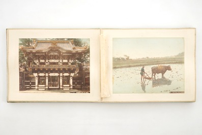 A Japanese photo album with 50 polychrome albumine photos, in original box, 19th C.