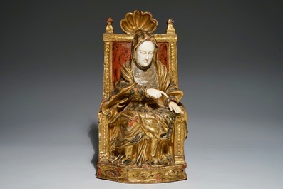 A gilt and painted wooden and ivory figure of the seated Saint Anne, Southern Europe, 17/18th C.