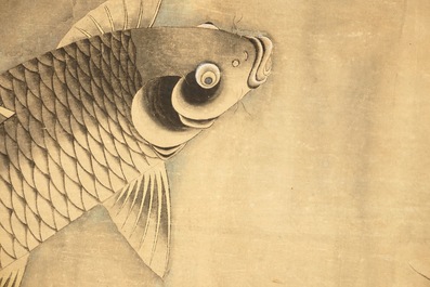 A Chinese scroll painting with carps and calligraphy, 19th C. or earlier