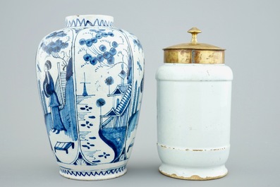 A Dutch Delft blue and white pharmacy jar and a chinoiserie vase, 18th C.