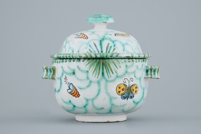 A Brussels faience tureen and cover with butterflies and caterpillars, 18/19th C.