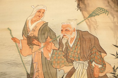 Une grande peinture japonaise sur rouleau dans sa bo&icirc;te, 19/20&egrave;me