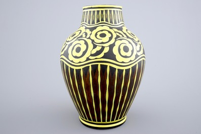 A large Charles Catteau vase for Boch Keramis, yellow floral design on a black ground, ca. 1924
