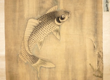 Een Chinese rolschildering met karpers en tekst, 19e eeuw of vroeger