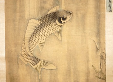 A Chinese scroll painting with carps and calligraphy, 19th C. or earlier