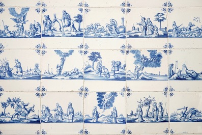 A panel of 30 blue and white Dutch Delft tiles, Rotterdam, late 17th C.