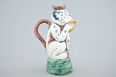 A polychrome Dutch Delft monkey-shaped jug, 19th C.