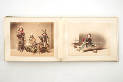 A Japanese photo album with 50 polychrome albumine photos, in original box, 19th C.