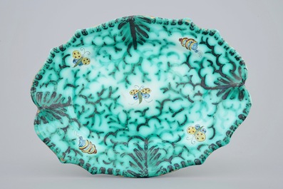 A Brussels faience tureen and cover on stand with butterflies and caterpillars, 18th C.