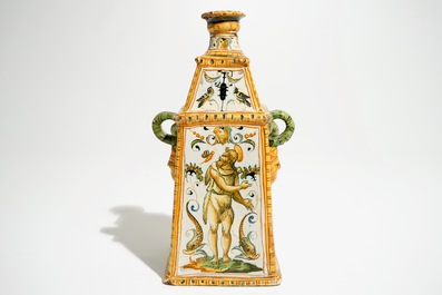 A square Italian maiolica bottle vase, Urbino, 16th C.