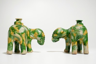 A pair of Chinese spinach and egg glazed elephant-shaped incense burners, Kangxi