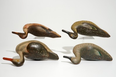 A set of four painted wood decoy ducks, 19th C.