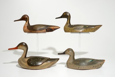 A set of four painted wood decoy ducks, 19th C.