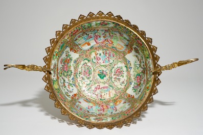 A Chinese gilt-bronze mounted Canton rose medallion bowl, 19th C.