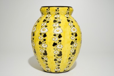 A tall yellow ground crackle glazed vase, Charles Catteau for Boch Fr&egrave;res Keramis, ca. 1925-1930