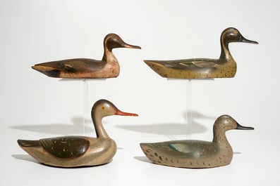 A set of four painted wood decoy ducks, 19th C.