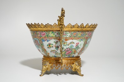 A Chinese gilt-bronze mounted Canton rose medallion bowl, 19th C.