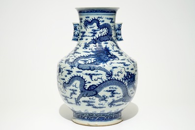 A large Chinese blue and white "dragon" hu vase, 19th C.