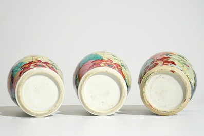 A set of three Chinese famille rose covered vases with &ldquo;Tobacco Leaf&rdquo; design, Qianlong