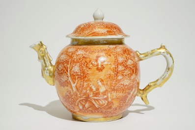 A rare Chinese teapot on stand with a romantic design for the European market, Qianlong