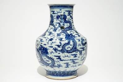 A large Chinese blue and white "dragon" hu vase, 19th C.