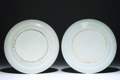 A pair of Chinese Canton famille verte armorial plates, 19th C.