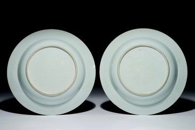 A pair of Chinese grisaille and gilt armorial monogrammed plates, dated 1750, Qianlong