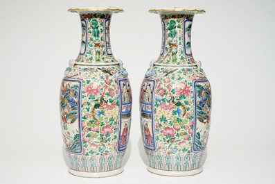 A pair of Chinese famille rose vases with court scenes, 19th C.