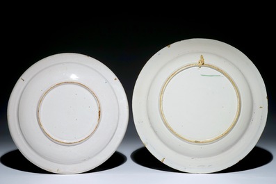 Two Dutch Delft polychrome chargers, 18th C.