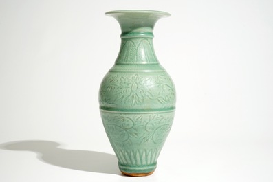 An incised Chinese Longquan celadon  vase, Song or Ming