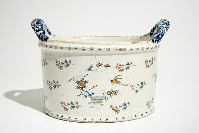 A round Brussels faience cooler with twisted ears, 18th C.