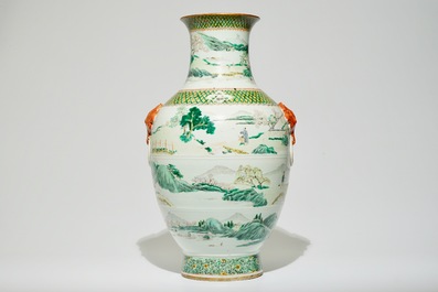 A tall Chinese famille verte vase with landscape and calligraphy design, 19th C.