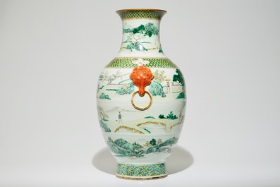 A tall Chinese famille verte vase with landscape and calligraphy design, 19th C.