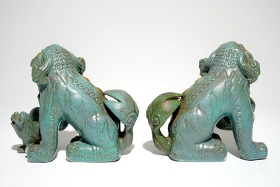 A pair of large Chinese buddhist lions with robin's egg glaze, 19th C.
