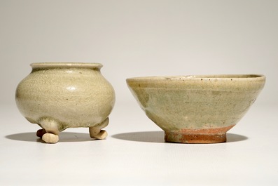 A Chinese celadon-glazed tripod censer and a small bowl, prob. Yuan/Ming